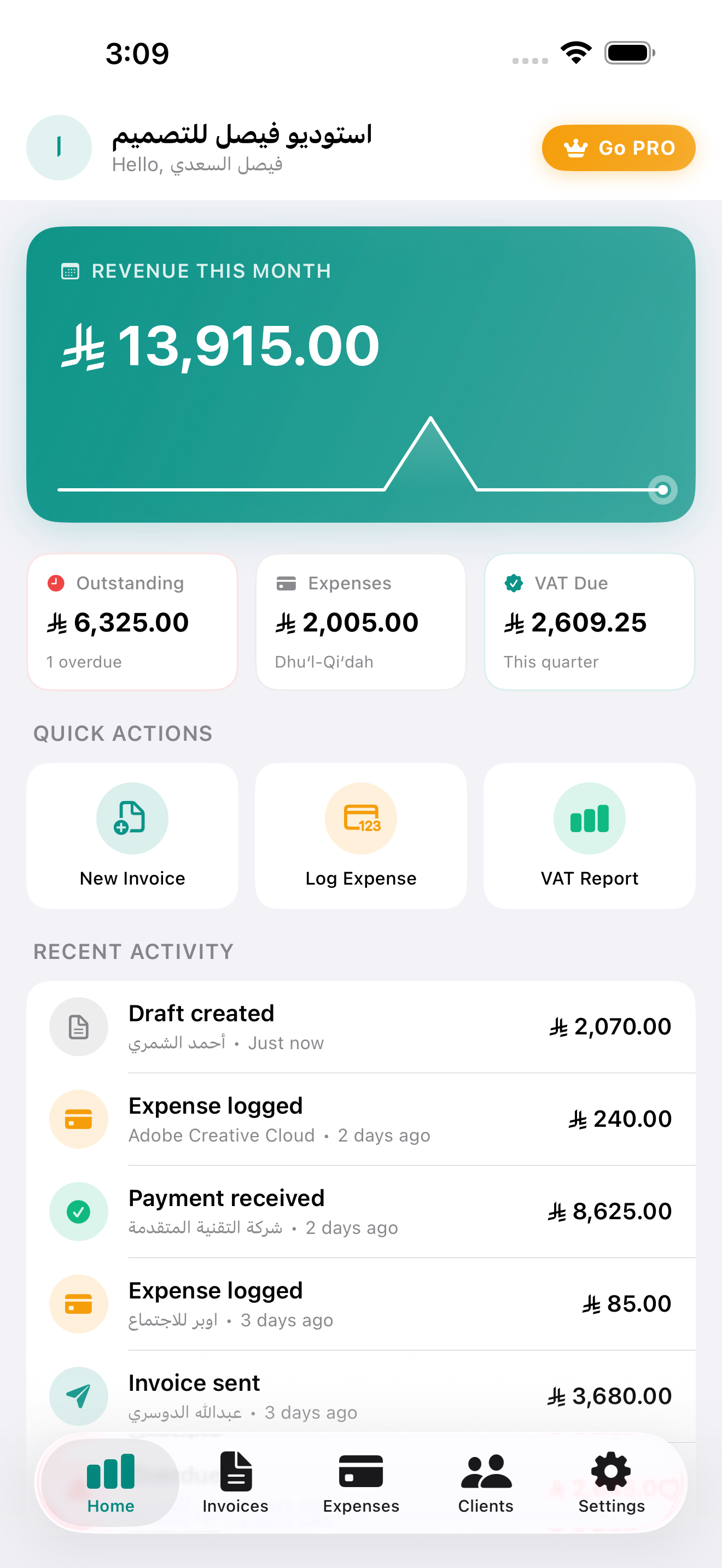 Naqdi dashboard showing monthly revenue and recent activity